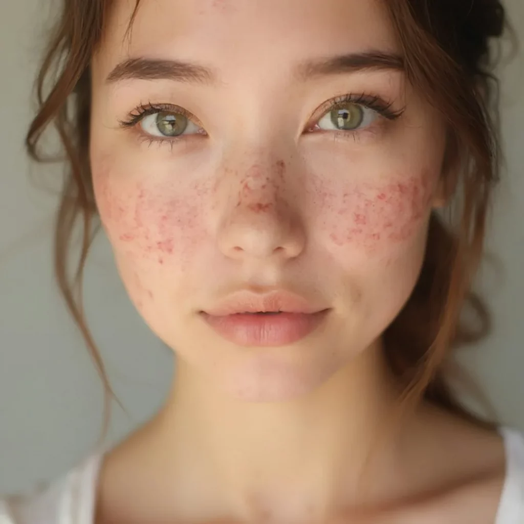 Mujer adulta con acné en el rostro durante una revisión dermatológica