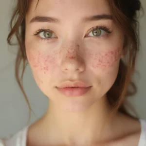 Mujer adulta con acné en el rostro durante una revisión dermatológica